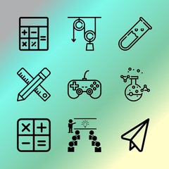 Vector icon set about education with 9 icons related to equipment, microbiology, business, active, handwriting, day, economy, magnet, book and family
