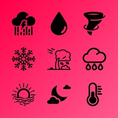 Vector icon set about weather with 9 icons related to hurricane, misty, stormy, coast, thermostat, cartoon, nobody, bubble, magic and render