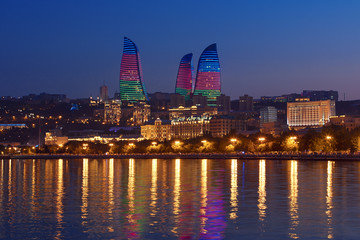 Baku Azerbaijan Flame Towers at night 