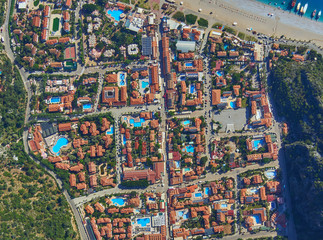 Fototapeta premium Hotels in Oludeniz and amazing beach, top view, Turkey