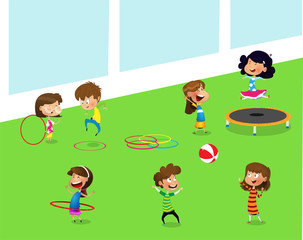 Children playing with hula hoop and trampoline