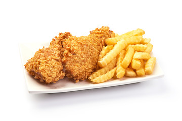 Breaded crispy chicken legs with french fries, isolated on white background.