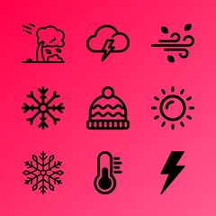 Vector icon set about weather with 9 icons related to beanie, health, merry, high, futuristic, indicator, hurricane, glow, technical and warm