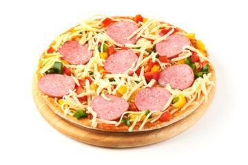 Unbaked Round Pizza with salami sausage, cheese and tomato pasta, isolated on white background.