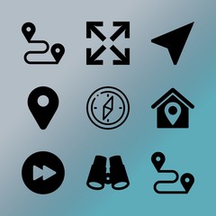 Vector icon set about location with 9 icons related to childhood, marketing, modern, spy, click, voyage, active, nobody, perspective and magnifying