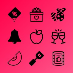 Vector icon set about food with 9 icons related to eggs, melon, side, floral, bridal, spatula, ruler, bread, beautiful and gear