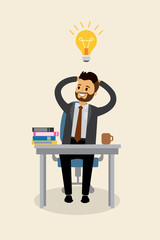 Cartoon caucasian happy businessman with idea bulb