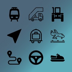 Vector icon set about transport with 9 icons related to icon, jetski, jet-ski, vehicle, graphic, suitcase, journey, pack, adventure and plan