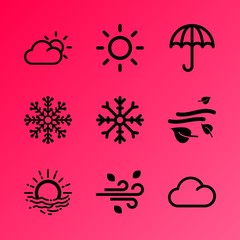 Vector icon set about weather with 9 icons related to cumulus, thunder, sunbeam, skylight, scenery, air, night, fluffy, isolated and design