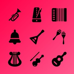 Vector icon set about music instruments with 9 icons related to sound, artistic, music instruments, festival, bass, play,  music, key, black and rock