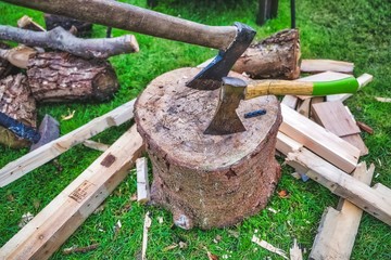 Two axes on a wooden block in Amsterdam, the Netherlands