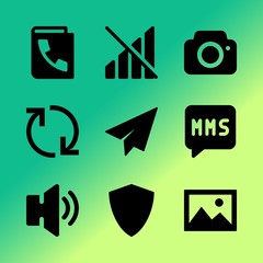 Vector icon set about mobile device with 9 icons related to digital, conversation, decoration, paper, education, ui, phone book, landscape, directional and list