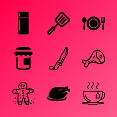 Vector icon set about kitchen with 9 icons related to kitchenware, room, element, glass, sharp, roast, pictogram, spoon, handle and metallic