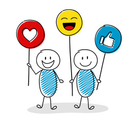 Happy stickmen holding social media icons. Vector.
