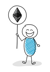 Happy stickman holding hand drawn balloon with etherum. Vector.