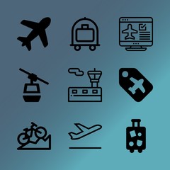 Vector icon set about transport with 9 icons related to arrival, terminal, white, speed, flying machine, concept, suitcase, window, international and baggage