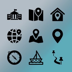 Vector icon set about location with 9 icons related to way, logo, marks, marker, compass, needle, abstract, tool, retro and vintage