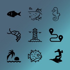 Vector icon set about sea with 9 icons related to passenger, spray, lion, natural, penguin, character, monkey, tasty, element and backpack