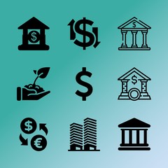 Vector icon set about bank with 9 icons related to plant, word, human, institution, savings, single, financial, coin, symbol and commercial
