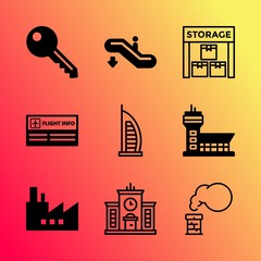 Vector icon set about building with 9 icons related to travel, assembly, hot, facility, equipment, environment, business, man, landscape and space