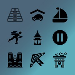Fototapeta premium Vector icon set about travel and tourism with 9 icons related to lift, banner, vintage, red, symbol, signpost, adventure, ocean, old and gargoyle
