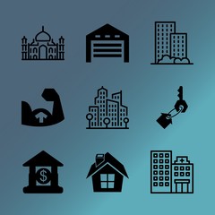 Fototapeta premium Vector icon set about building with 9 icons related to coin, uniform, muscular, steel, bank, lamp, healthy, room, aerial and cartoon