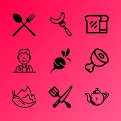 Vector icon set about kitchen with 9 icons related to eating, lifestyle, diet, wood, illustration, sausage, wheat, detox, sliced and burning