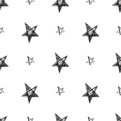 Vector seamless pattern with hand drawn stars isolated on white. Abstract texture with scribbles in sketch style. Doodle background