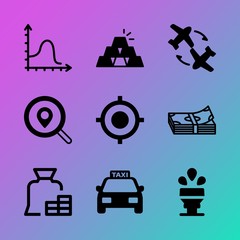 Vector icon set about business with 9 icons related to performance, tourist, traveler, blue, modern, lounge, lawn, planning, house and pile