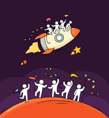 Obraz na płótnie Canvas happy little people with starting rocket