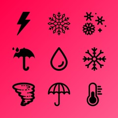 Vector icon set about weather with 9 icons related to winter, object, measurement, climate, internet, sunlight, natural, celebration, screen and cold