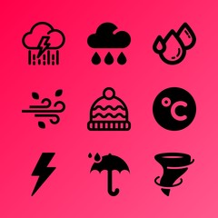 Vector icon set about weather with 9 icons related to business, apparel, cumulus, tornado, view, raining, isolated, space, set and element