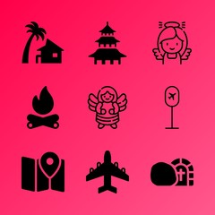 Vector icon set about travel and tourism with 9 icons related to airliner, scenic, man, sea, thai, paradise, land, crucifix, campfire and asia