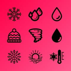 Vector icon set about weather with 9 icons related to scenery, beanie, celebration, magic, peak, mystery, meadow, extreme, mountain and nature