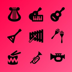 Vector icon set about music instruments with 9 icons related to stick, modern, rhythm, equipment, key, guitar, tune, childhood, note and silhouette