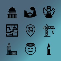 Vector icon set about building with 9 icons related to holiday, dusk, sport, terminal, design, post, flexing, background, creativity and skyline