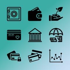 Vector icon set about bank with 9 icons related to trade, fund, pay, economy concept, blue, success, display, digital, web and commerce