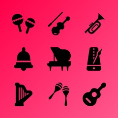 Vector icon set about music instruments with 9 icons related to symbol, song, illustration, decoration, art, silhouette, bell, music keys, festival and style