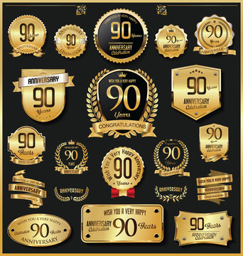 Anniversary retro vintage golden badges and labels vector 90 years
