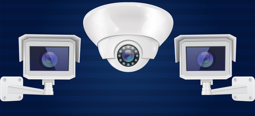 Security camera set. Wall and ceiling mount CCTV surveillance system on blue background. Front view