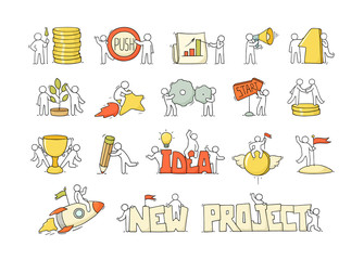 set of little people with creative symbols.