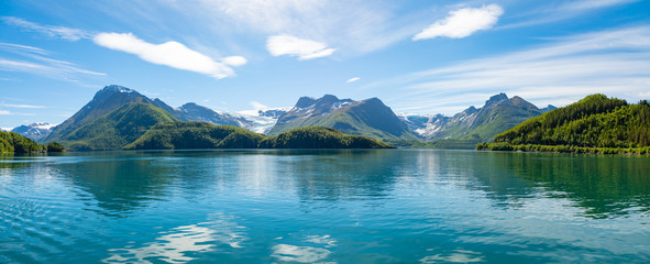 Panorama view on Nordfjorden and Svartisen glacier at Meloy in Norway - obrazy, fototapety, plakaty