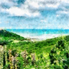 Hand drawing watercolor art on canvas. Artistic big print. Original modern painting. Acrylic dry brush background.  uicy landscape. Amazing sea surface. Flowering lawn with wild plants.