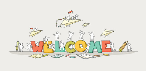 Crowd of working little people with big letters.