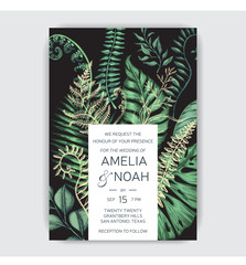 Template for wedding invitation. Illustration with exotic leaves.
