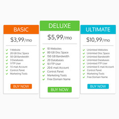 Pricing table template. Hosting plans comparison. Banners for websites and app. Vector illustration.