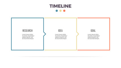 Business infographics. Timeline with 3 steps, options, squares. Vector template. Editable line.
