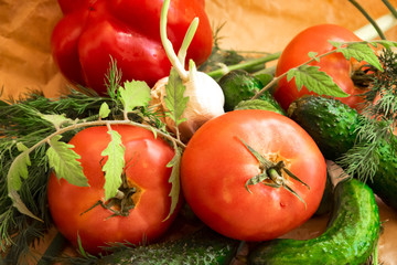 Arrangement  on the wrapping paper of a assortment of fresh vegetables, red pepper, garlic, green onions, tomatoes, cucumbers
