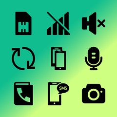 Vector icon set about mobile device with 9 icons related to channel, telecommunications, table, signal, hardware, design, space, photo, button and note