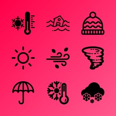 Vector icon set about weather with 9 icons related to cloudscape, danger, decoration, tree, temperature, water, beanie, texas, house and thermometer